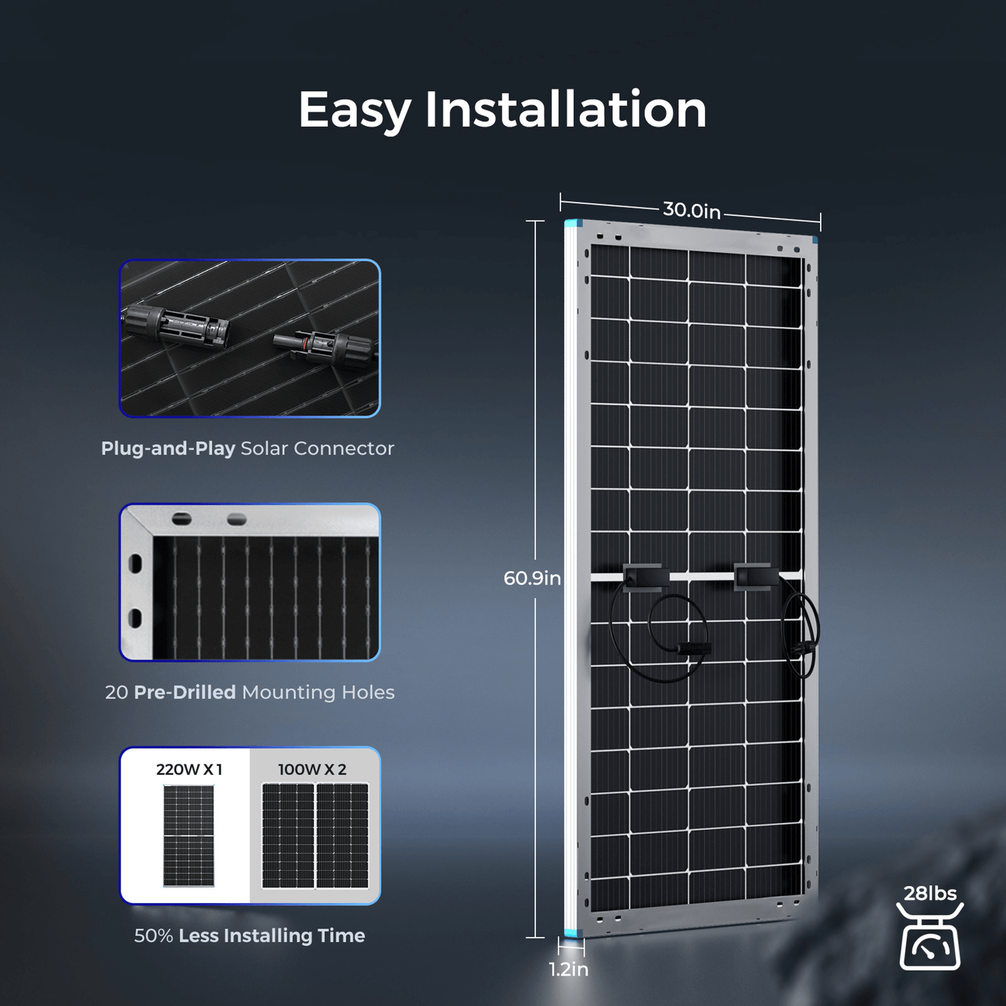 RENOGY Bifacial 220 Watt 12 Volt Monocrystalline Solar Panel